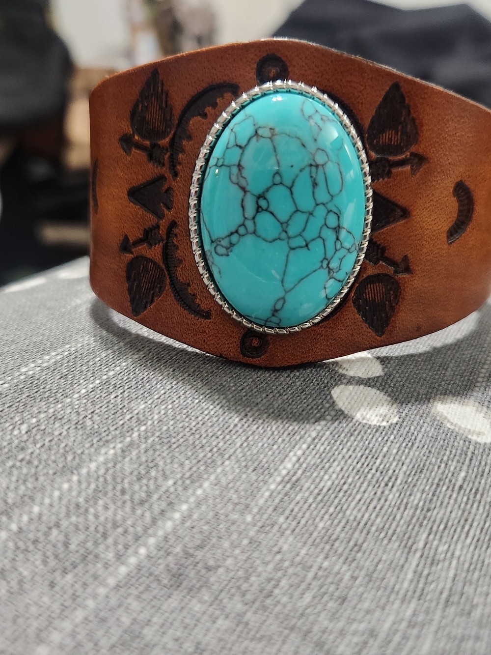 Turquoise Oval Stone Leather Cuff Bracelet